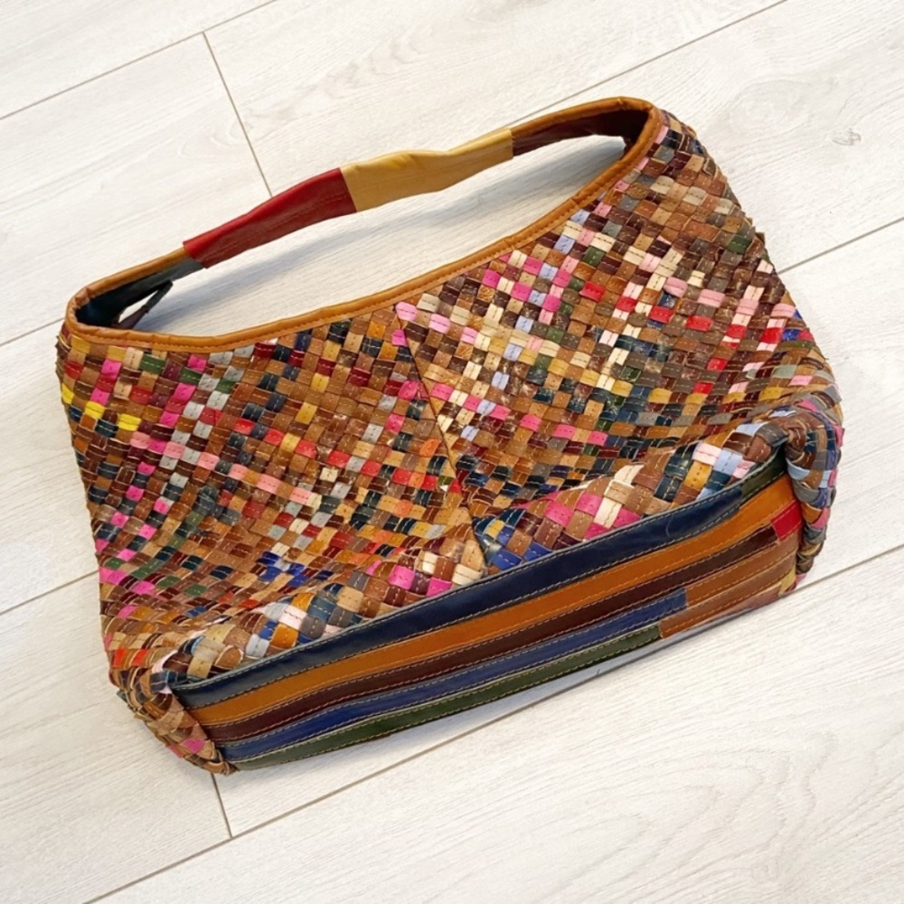 Large woven leather multi colour shoulder bag